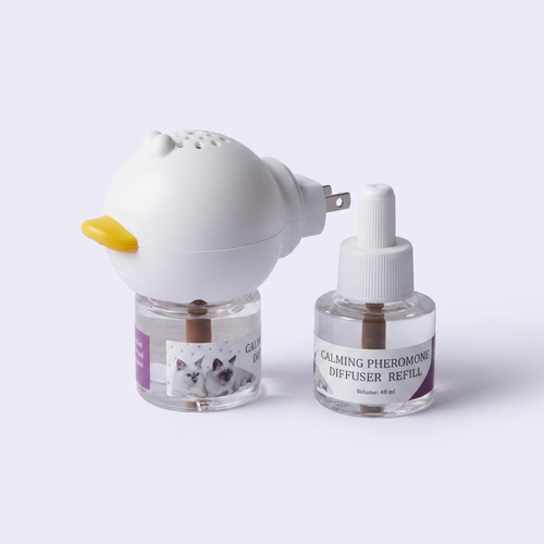PurrEase calming diffuser with 48 ml refill vial — studio packshot