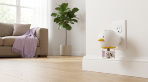 PurrEase plug-in diffuser unit in a living room outlet