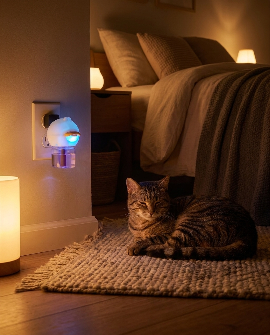PurrEase diffuser night light glowing at dusk