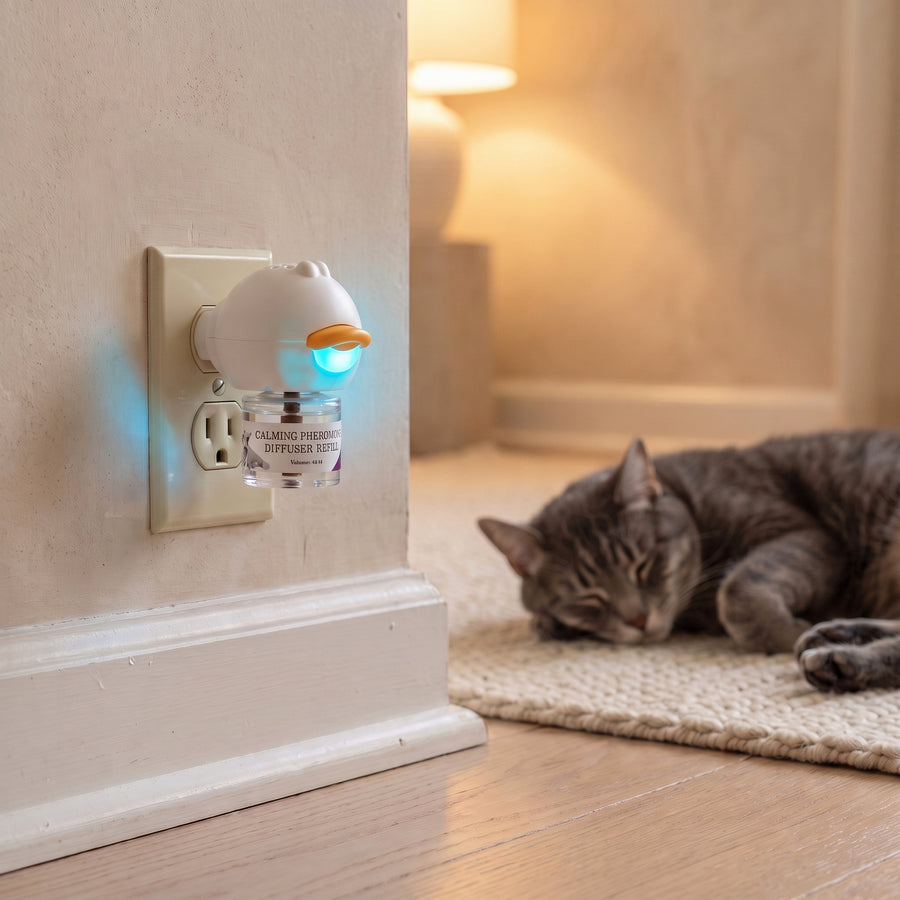 PurrEase diffuser plugged in at home with its blue night-light on