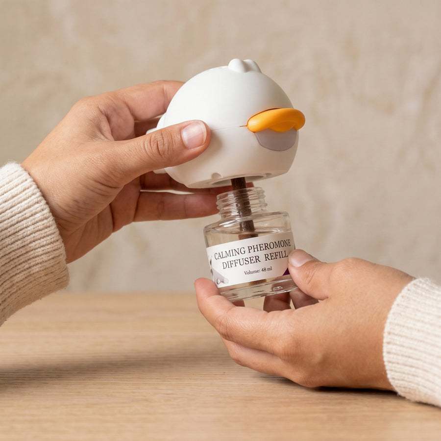 Screwing the 48 ml refill vial into the PurrEase diffuser head